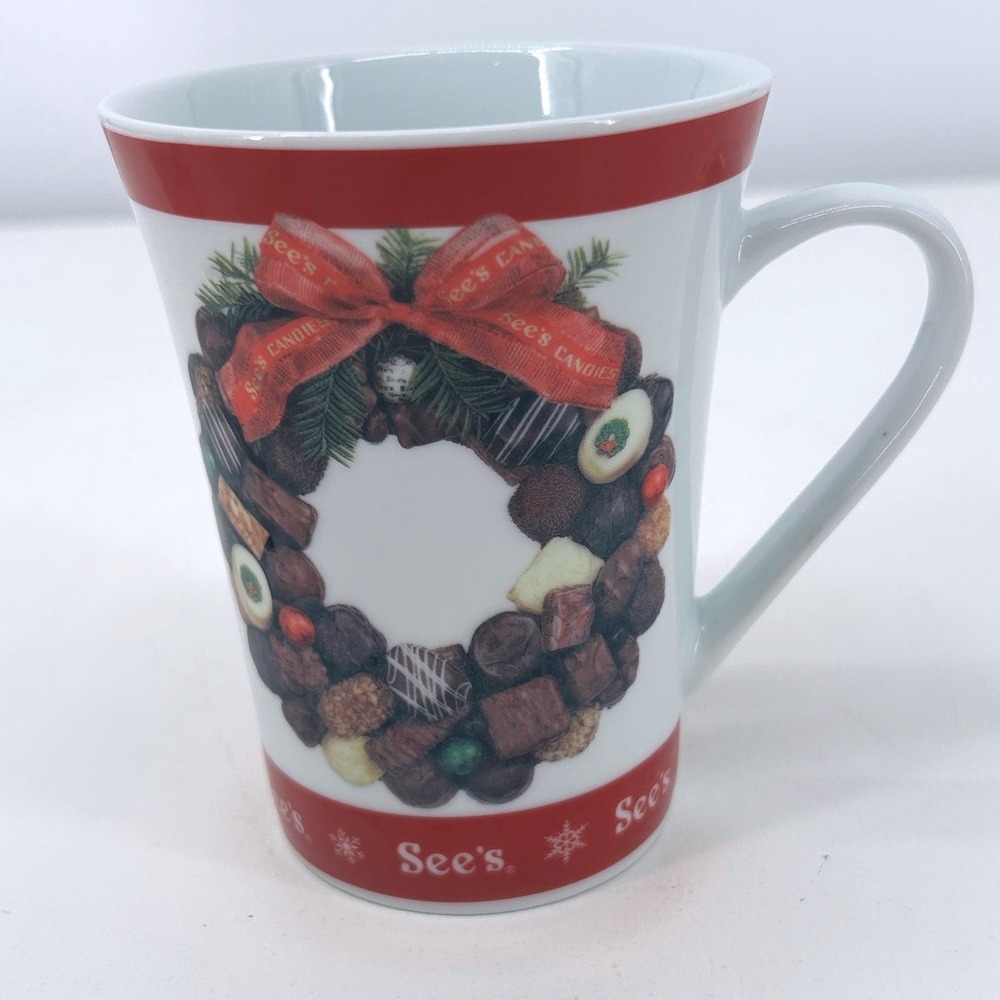 Sees Candies Christmas Coffee Mug Chocolate Wreath Holiday Red White Ceramic